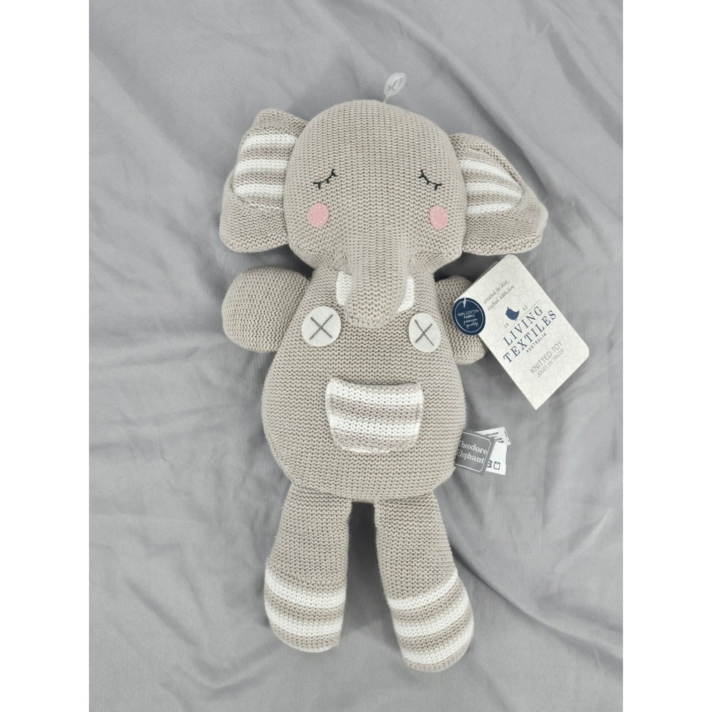 Living Textiles Grey Theodore‎ Elephant Knitted Toy Rattle Stuffed Animal 14"